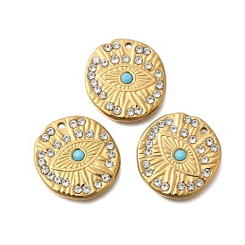 Vacuum Plating 201 Stainless Steel Pendants, with Natural Turquoise and Rhinestone, Flat Round