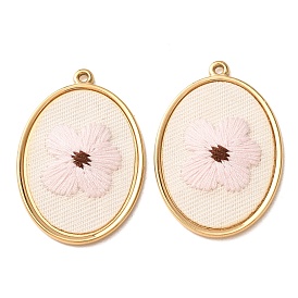 304 Stainless Steel & Cloth Embroidered Pendants, Oval with Cherry Blossom Charms, Ion Plating(IP), Long-Lasting Plated, Real 18K Gold Plated