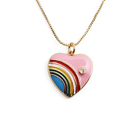 Rainbow Heart Pendant Necklace with European and American Zircon Oil Drops - Fashionable and Simple Love Jewelry for Women