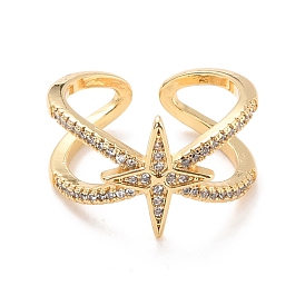 Star Cubic Zirconia Cuff Finger Ring for Women, Real 18K Gold Plated Brass Criss Cross Open Ring, Cadmium Free & Lead Free