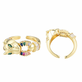 Colorful Cubic Zirconia Heart Leopard Open Cuff Ring, Brass Jewelry for Women, Nickel Free