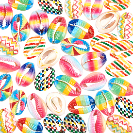 40Pcs 8 colors Printed Natural Cowrie Shell Beads, No Hole/Undrilled, with Rainbow Pattern