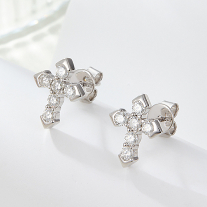 Rhodium Plated 925 Sterling Silver Micro Pave Cubic Zirconia Stud Earrings, Cross, with 925 Stamp