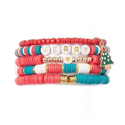 5 piezas 5 estilos conjuntos de pulseras elásticas con cuentas de arcilla polimérica hechas a mano navideñas, Pulseras apilables con dijes de aleación de esmalte y latón para mujer