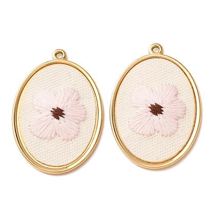 304 Stainless Steel & Cloth Embroidered Pendants, Oval with Cherry Blossom Charms, Ion Plating(IP), Long-Lasting Plated, Real 18K Gold Plated