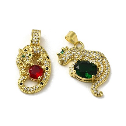 Rack Plating Brass Micro Pave Cubic Zirconia Pendants, with Glass, Long-Lasting Plated, Cadmium Free & Lead Free, Leopard