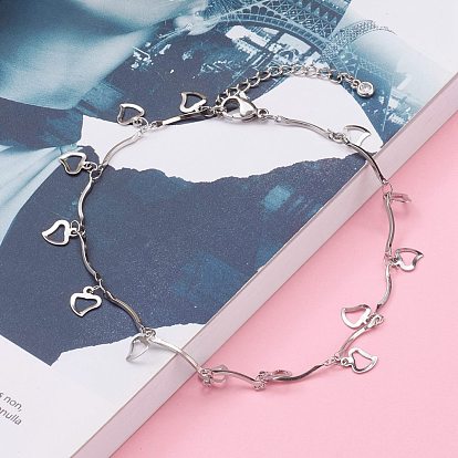 304 Stainless Steel Heart Charm Anklets, with Bar Link Chains