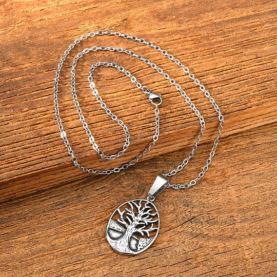 Vintage 304 Stainless Steel Hollow Oval with Tree of Life Pendant Necklaces