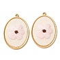 304 Stainless Steel & Cloth Embroidered Pendants, Oval with Cherry Blossom Charms, Ion Plating(IP), Long-Lasting Plated, Real 18K Gold Plated