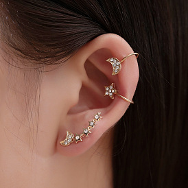 Sparkling Star and Moon Clip-on Earrings Set with Full Rhinestones - 3 Pieces for Women's Fashion Accessories