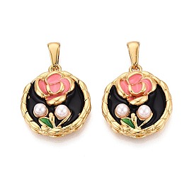 304 подвески из нержавеющей стали, эмали и искусственного жемчуга из АБС-пластика, плоские круглые и цветочные подвески, золотые