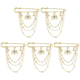 5Pcs Rhinestone Eye & Alloy Star Charms Safety Pin Brooch, Plastic Pearl Beaded Tassel Chains Lapel Pin for Backpack Clothes