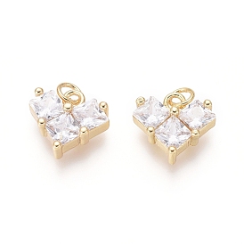 Brass Charms, with Clear Cubic Zirconia and Jump Rings, Heart