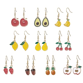 10 Pairs 10 Styles Fruit Alloy Enamel Dangle Earrings for Women, Golden