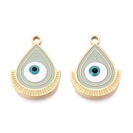 304 Stainless Steel Enamel Pendants, Teardrop with Evil Eye Pattern Charms, Ion Plating(IP), Long-Lasting Plated, Golden