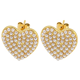 Heart Brass Stud Earrings, Plastic Imitation Pearl Earrings for Women