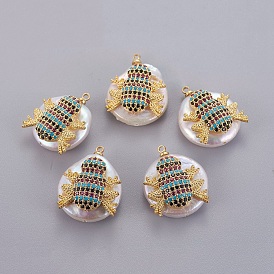Natural Cultured Freshwater Pearl Pendants, with Brass Micro Pave Cubic Zirconia Cabochons, Nuggets with Frog
