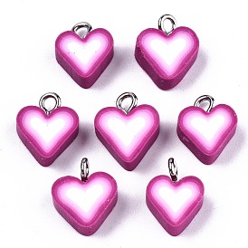 Handmade Polymer Clay Charms, with Platinum Tone Iron Findings, Heart