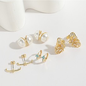 Minimalist 14K Gold Plated Butterfly Pearl Earrings with CZ and ABS Pearls for Women