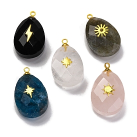 Gemstone Pendants, Faceted Egg Shaped Charms with Rack Plating Golden Plated Brass Slices, Lead Free & Cadmium Free