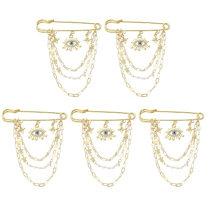 5Pcs Rhinestone Eye & Alloy Star Charms Safety Pin Brooch, Plastic Pearl Beaded Tassel Chains Lapel Pin for Backpack Clothes