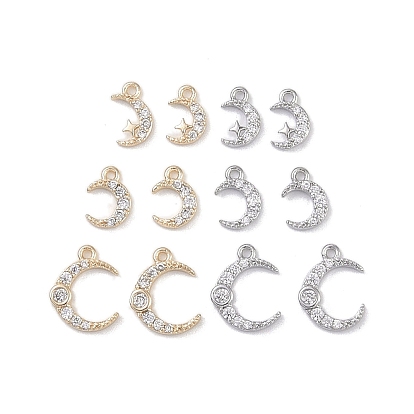 Brass Micro Pave Clear Cubic Zirconia Pendants, Cadmium Free & Nickel Free & Lead Free, Moon Charms