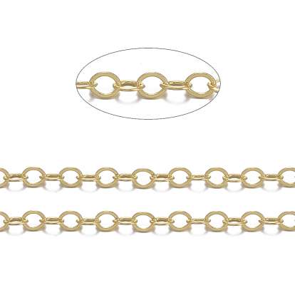 Brass Flat Oval Cable Chains, Unwelded, with Spool, Cadmium Free & Lead Free