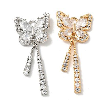 Brass Micro Pave Clear Cubic Zirconia Studs Pendants, Cadmium Free & Nickel Free & Lead Free, Butterfly