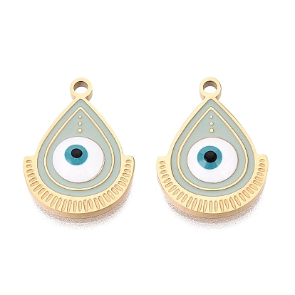 304 Stainless Steel Enamel Pendants, Teardrop with Evil Eye Pattern Charms, Ion Plating(IP), Long-Lasting Plated, Golden