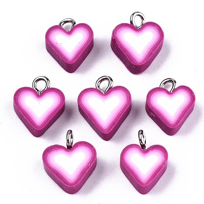 Handmade Polymer Clay Charms, with Platinum Tone Iron Findings, Heart