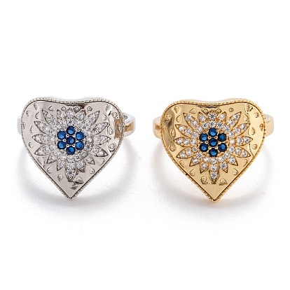 Brass Micro Pave Cubic Zirconia Cuff Rings, Open Rings, Long-Lasting Plated, Heart with Flower, Blue