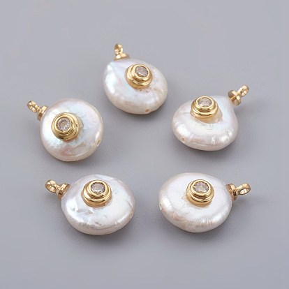 Подвески из натурального пресноводного жемчуга, с кубического циркония и латуни выводов, долговечный, плоско-круглые