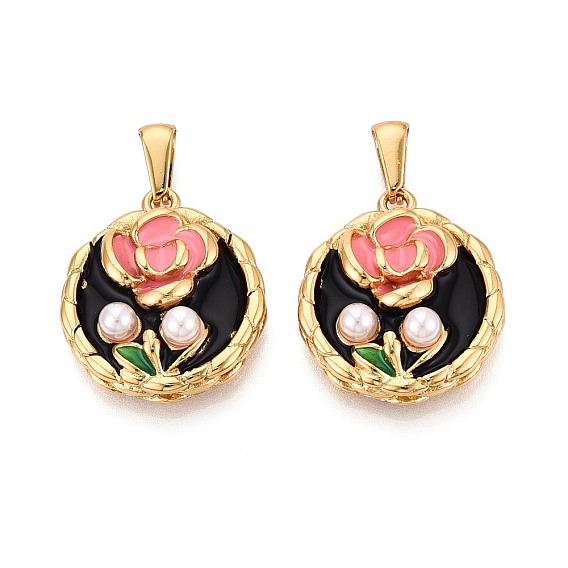 304 подвески из нержавеющей стали, эмали и искусственного жемчуга из АБС-пластика, плоские круглые и цветочные подвески, золотые