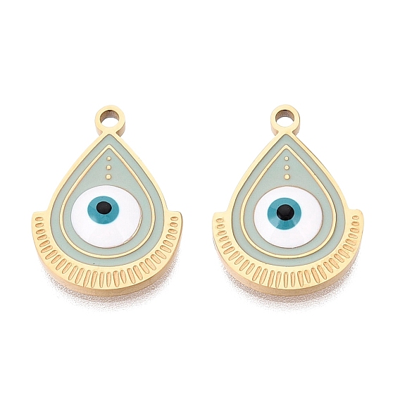 304 Stainless Steel Enamel Pendants, Teardrop with Evil Eye Pattern Charms, Ion Plating(IP), Long-Lasting Plated, Golden