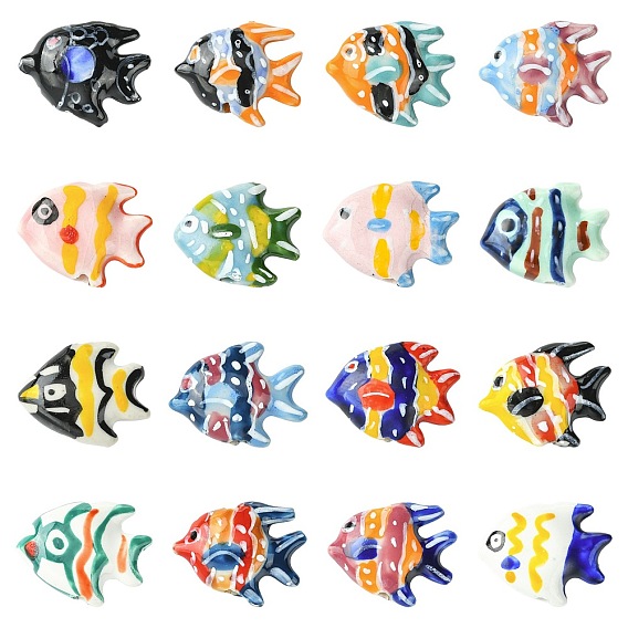16Pcs 16 Styles Handmade Porcelain Beads, Fish, Famille Rose Porcelain
