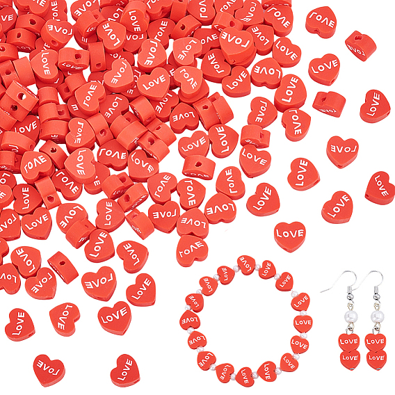 200Pcs Handmade Polymer Clay Beads, Heart with Word Love