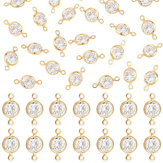 50шт. латунные подвески-соединители с прозрачным кубическим цирконием, плоско-круглые, без никеля 