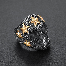 Skull with Star Chunky Wide Band Ring, Gunmetal 316 Stainless Steel Halloween Jewelry for Women