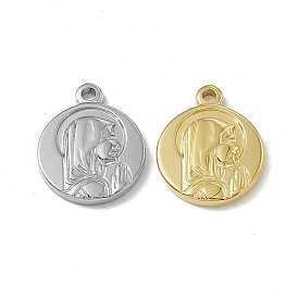 Vacuum Plating 201 Stainless Steel Pendants, Flat Round with Woman Charm