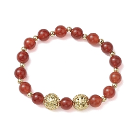 8mm Round Natural Carnelian & 10mm Round Brass Beaded Stretch Bracelets for Women