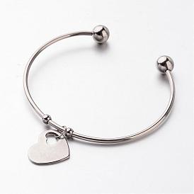 304 bracelets manchette en acier inoxydable, bracelets de charme de coeur, 61mm