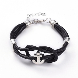 Cord Bracelets, with Cowhide Cord, Alloy Lobster Claw Clasps & Cord Ends, Anchor Shape European Beads and 304 Stainless Steel Heart Link Chains