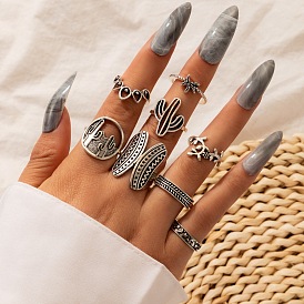 Retro Cactus Flower Ring Set with Geometric Palm Tree and Plant Design - 8 Pieces