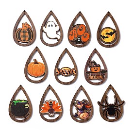 Halloween Theme Single Face Printed Aspen Wood Big Pendants, Teardrop Charm