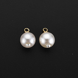 ABS Plastic Imitation Pearl Charms, with Golden Plated Brass Loop and Crystal Rhinestone, Round