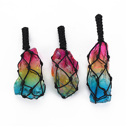 Natural Quartz Crystal Big Pendants, with Woven TaiWan Nylon Thread, Dyed, Nuggets