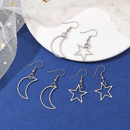 3 Pairs 3 Style Alloy Dangle Earrings Set, Asymmetrical Earrings, Hollow Star & Moon