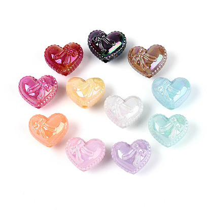 Непрозрачные акриловые бусины с УФ-покрытием, сердце с бантом, AB цвет