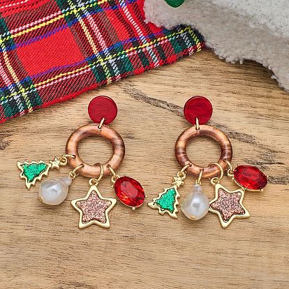 Рождественские латунные эмалевые серьги-гвоздики, с акрилом и искусственным жемчугом, Рождественская елка со звездой