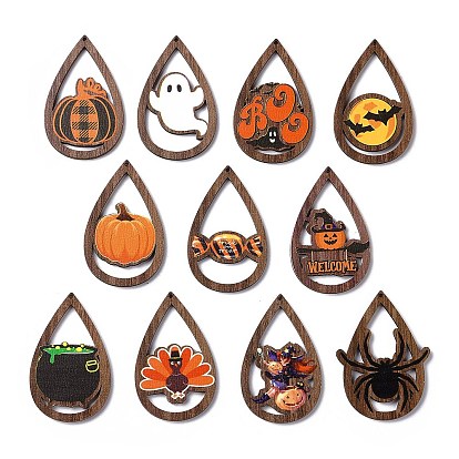 Halloween Theme Single Face Printed Aspen Wood Big Pendants, Teardrop Charm